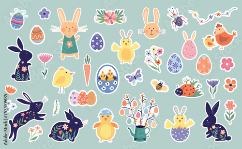Easter stickers collection, seasonal springtime decorations, rabbits, flowers, eggs isolated on white background