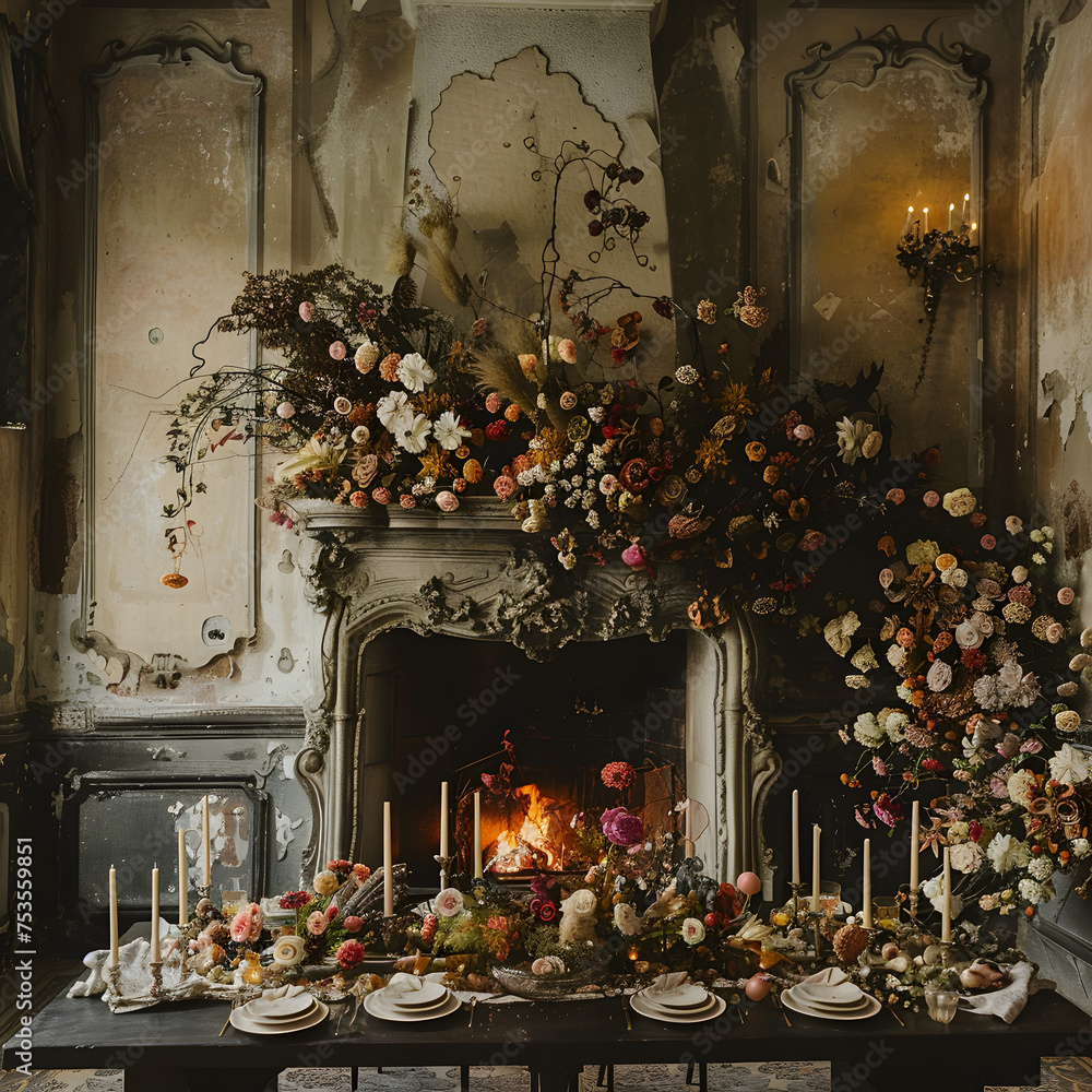a table is set in front of a fireplace decorated with flowers and candles