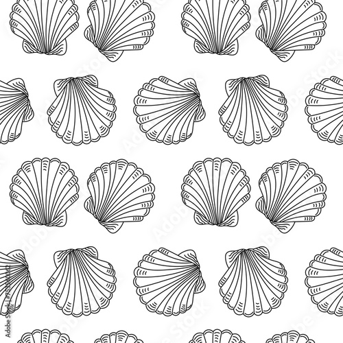 Linear seamless marine pattern with pearls on a white background
