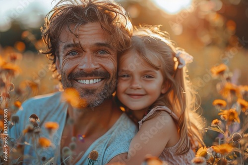 A joyful father and his young daughter share a smile amongst a field of flowers in warm sunlight