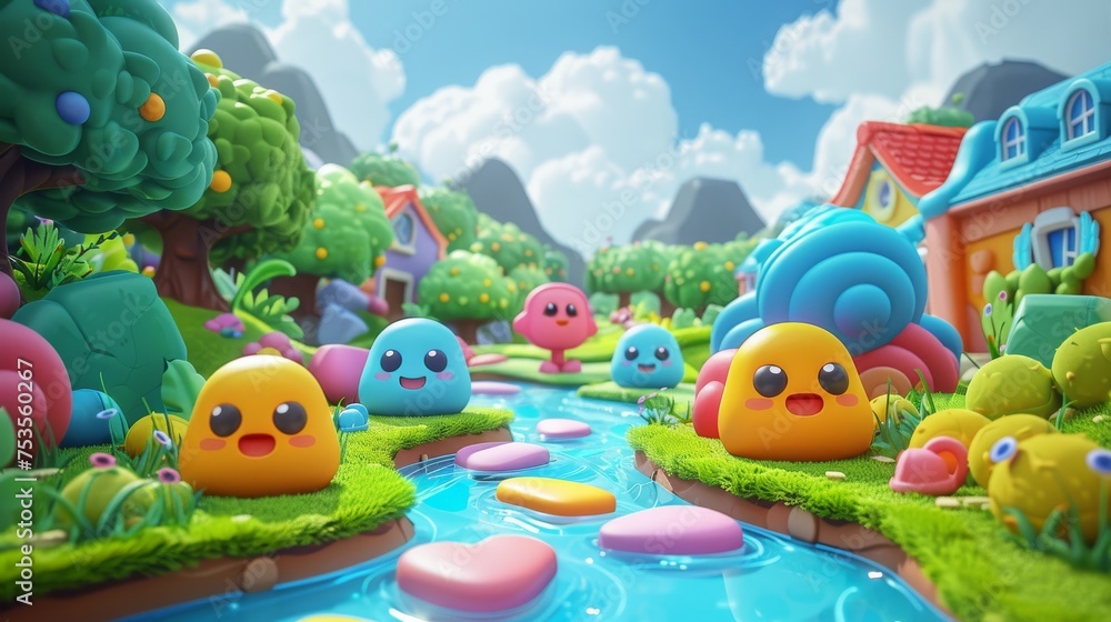 Fototapeta premium Colorful cartoon creatures in a playful, vibrant village with candy-like trees.