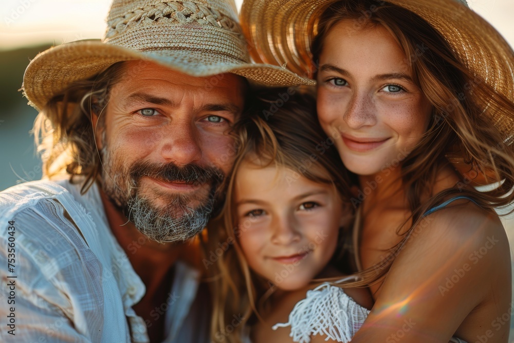A joyous family moment caught on camera, with the father and two daughters wearing matching straw hats in the bright sunlight