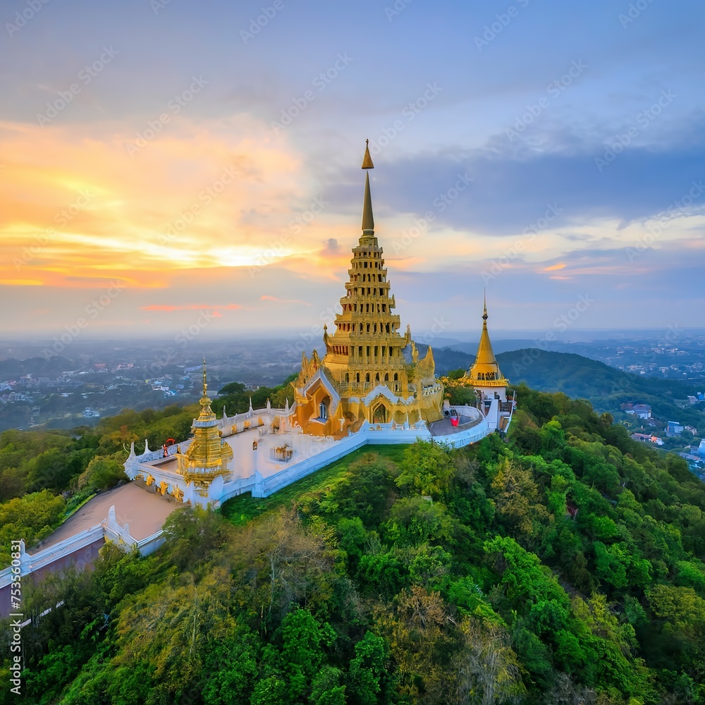Temple on mountain top at Khao Wang Palace during festival, Petchaburi, Thailand