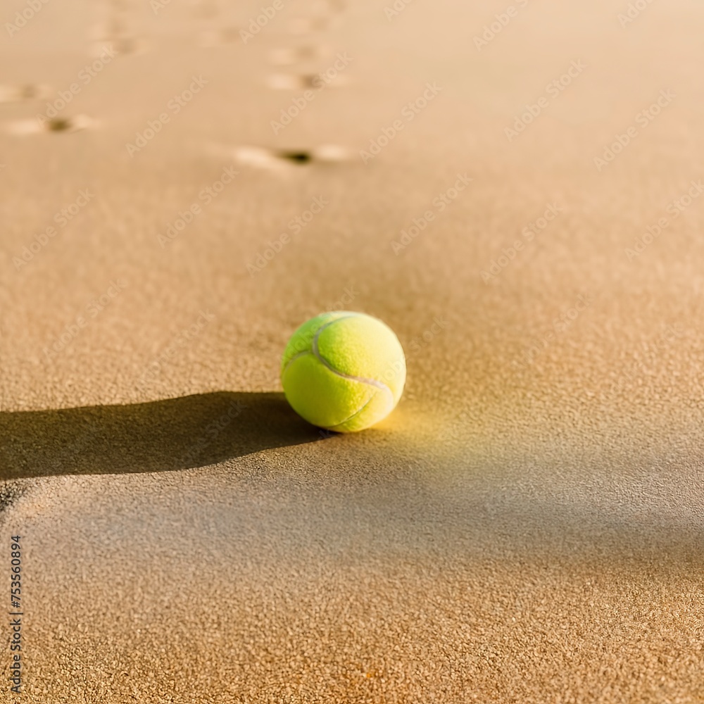 Tennis ball in white sand with shadows