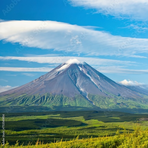Summer view of volcano on Kamchatka, under blue sky with clouds.