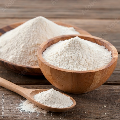 The flour pile and wheat grains in wooden spoon and bowl on wooden photo