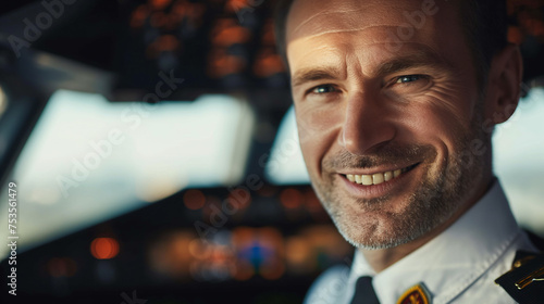 Portrait of a smiling airline pilot with arms crossed in front of an airliner welcoming passengers on board