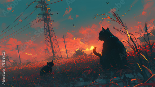 Black cat looking at the scene sunset illustration