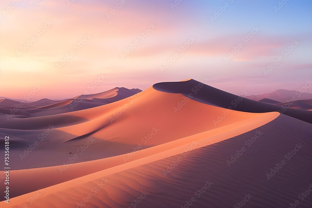 Mesmerizing Sand Dunes at Dawn: A captivating image of sand dunes bathed in the soft light of dawn, creating a tranquil and serene ambiance.

