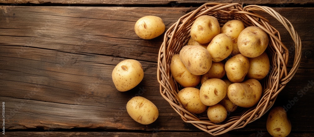 Baby potatoes arranged on a wooden background in a basket, viewed from above with empty space for text. Baby potatoes arranged on a wooden background in a basket, viewed from above with empty space for text.