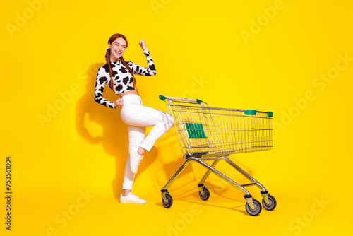 Full length photo of positive lucky woman wear cow skin print top enjoying discount shopping empty space isolated yellow color background © deagreez