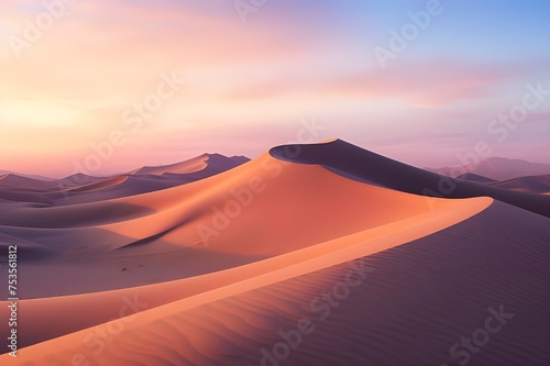 Mesmerizing Sand Dunes at Dawn  A captivating image of sand dunes bathed in the soft light of dawn  creating a tranquil and serene ambiance.  
