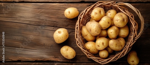 Baby potatoes arranged on a wooden background in a basket  viewed from above with empty space for text.