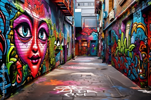 Bold and Colorful Graffiti Alley: A vibrant and dynamic display of graffiti art in an urban alley, adding an edgy and contemporary vibe.   © Tachfine Art