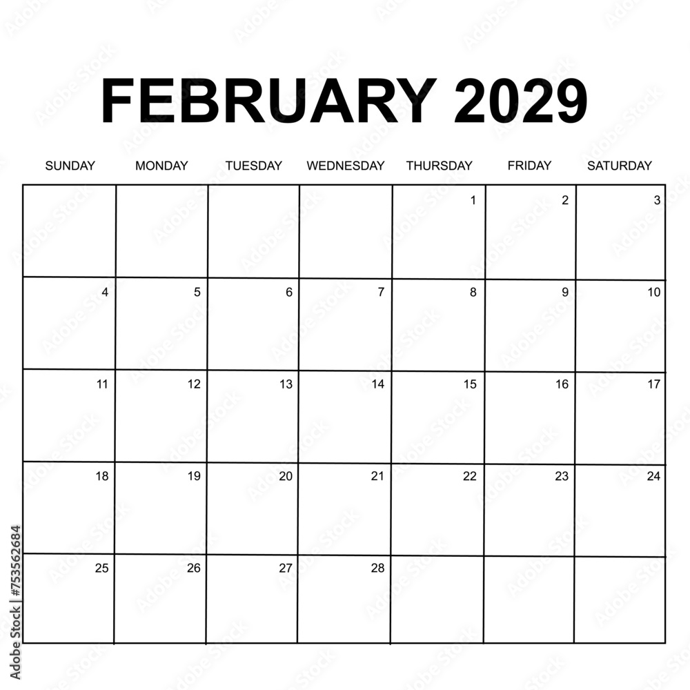 february 2029 calendar. week starts on sunday. printable, simple, and clean vector calendar