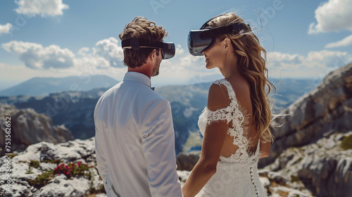 Bride and Groom with VR Headsets on Mountain Elopement photo