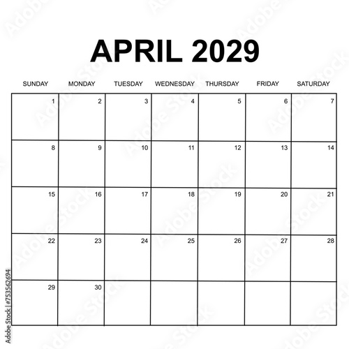 april 2029 calendar. week starts on sunday. printable, simple, and clean vector calendar design.