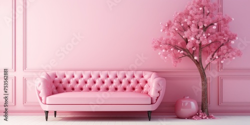 Pink furniture for seating and a pink tree for the holiday