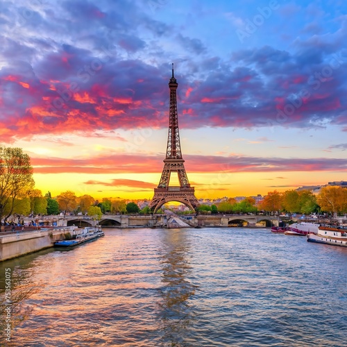 Twilight scene from Paris Seine River with fantastic colors during sunset. © Erica