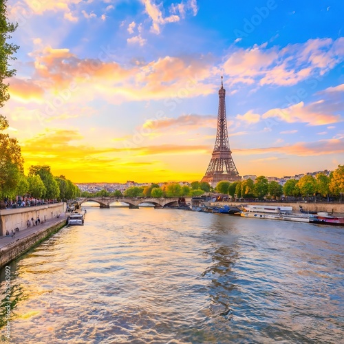 Twilight scene from Paris Seine River with fantastic colors during sunset.