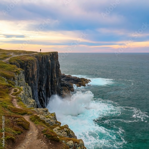Tourists go on a dangerous path. A cliff above the sea with a narrow coastline