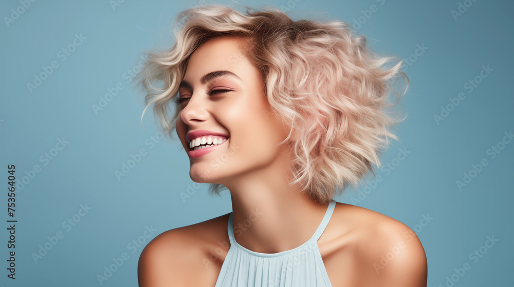 Obraz premium A beautiful fashionable blonde woman with curly hair style and soft healthy skin smiling. White teeth smile and clean make up. Concept of natural cosmetics, cosmetology, , skin care