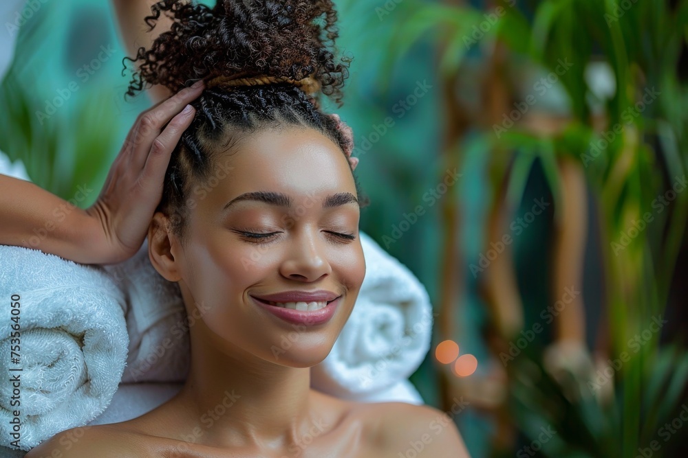 Relaxed young woman enjoying a head massage at a tranquil spa Relaxed young woman enjoying a head massage at a tranquil spa