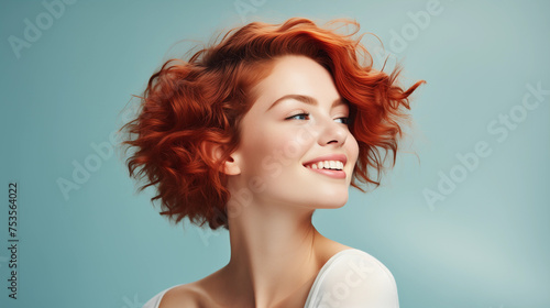 A beautiful fashionable red head woman with curly hair style and soft healthy skin smiles. Concept of natural cosmetics, cosmetology, , skin care
