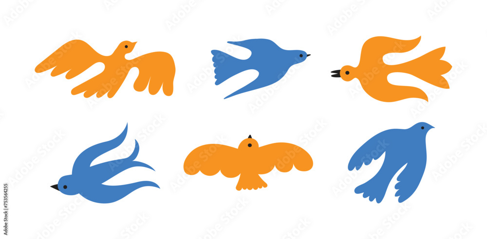 Vector illustration in simple hand drawn and linocut style - natural print, poster or logo design template - spring illustration - birds