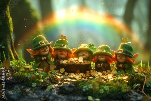 Magical leprechauns with pot of gold in enchanted forest photo