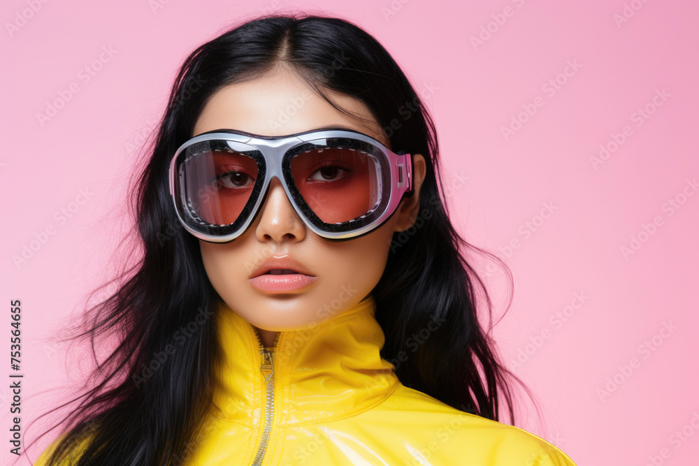 A fashionable woman with long black hair dons oversized ski goggles and a glossy yellow jacket against a pink background. A fashionable woman with long black hair dons oversized ski goggles and a glossy yellow jacket against a pink background.