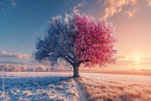 Stunning dual-season tree, half covered in snow and half in bloom under golden sunset