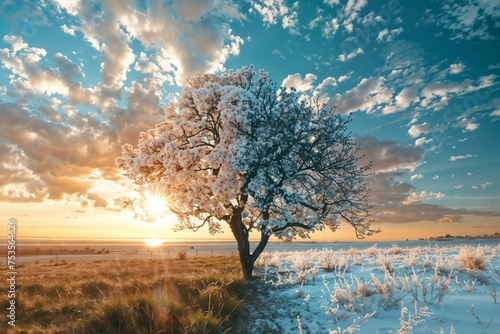 Winter dawn with blooming tree