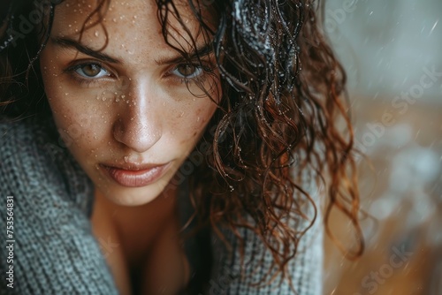 This photo shows a young female with wet curly hair and water drops, exemplifying freshness and vulnerability photo