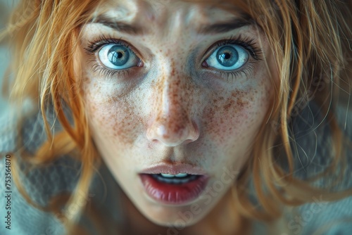 An expressive photo displaying a red-haired woman with wide eyes full of shock and surprise photo
