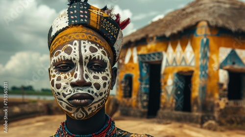 ritually painted face of an African young guy for a holiday in a traditional outfit, african world heritage day photo