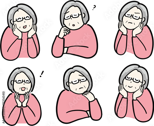 悩んだり解決したり様々な表情のシニア女性イラストセット