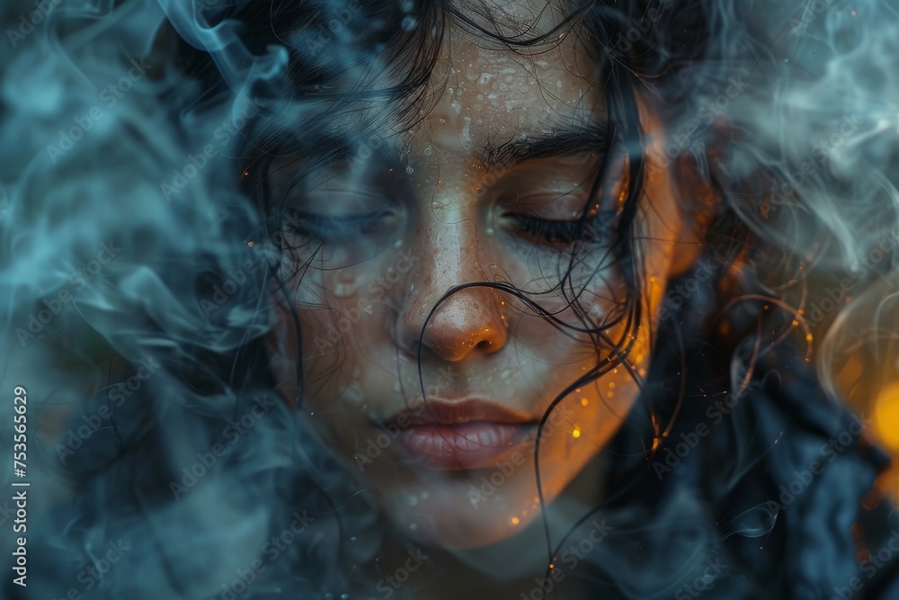The image captures a serene woman with water droplets on her skin, set against a backdrop of smoke