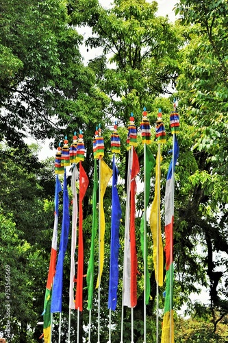 Buddhist prayer flags, Mall Road, Chowrasta, Darjeeling, West Bengal, India, Asia