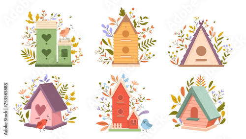 Bird houses set vector illustration. Birdhouse with a bird, homemade nests, feeders and homes, for summer and spring birds. Cartoon cute colorful birdhouses collection, feeder on garden tree