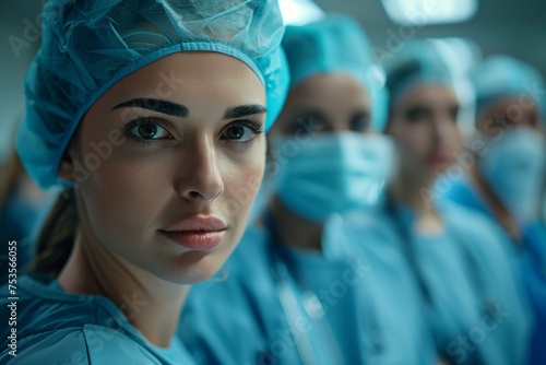Confident female surgeon with medical team