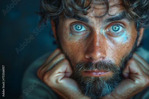 Dramatically lit portrait of a bearded man with tense expression and striking blue eyes against a dark backdrop