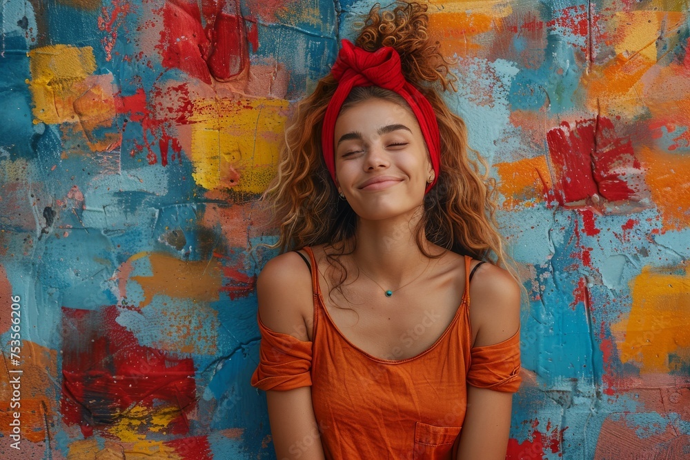 Portrait of a smiling young woman with a red headband standing before a vibrant, colorfully painted wall