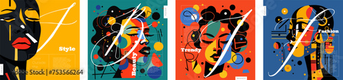 Abstract artistic square banner set. Beautiful woman color face portrait with paint spots and strokes creative flyer. Female art painting print. Fashion and beauty colorful print vector design concept