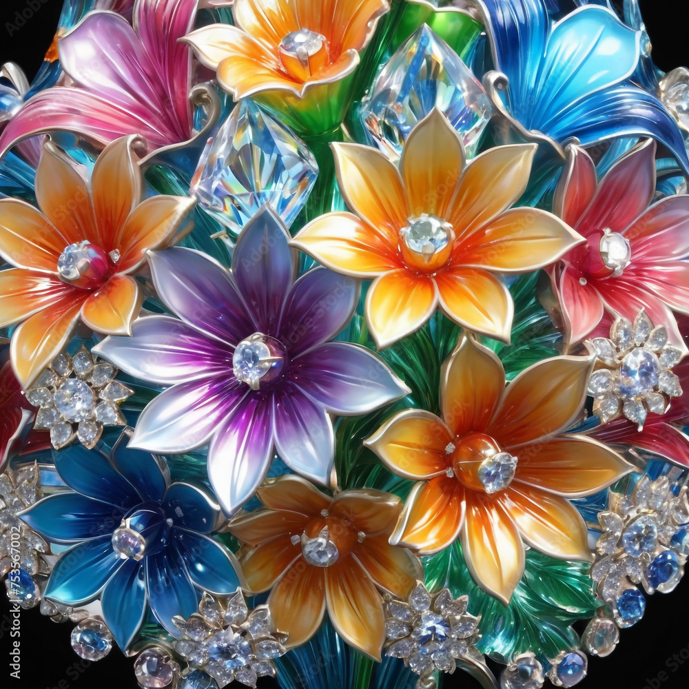 A stunning arrangement of crystal flowers and leaves, brightly lit to highlight their intricate details and brilliant facets. The dark background emphasizes the radiant glow of the crystals.