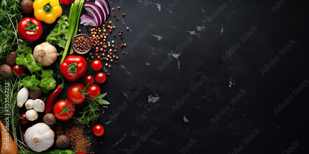 Top view of fresh vegetables, herbs, and spices on a black stone table, with space for text.