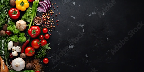 Top view of fresh vegetables, herbs, and spices on a black stone table, with space for text.
