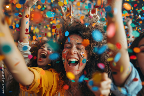 Joyful People Celebrating With Confetti and Cheerful Yelling