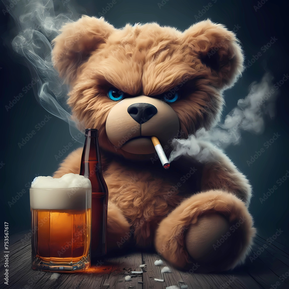drinking and smoking teddy bear - obrazy, fototapety, plakaty 