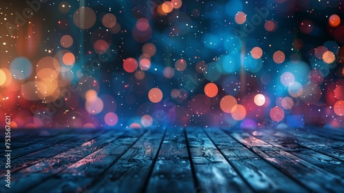 Colorful bokeh spotlight stage background on wood for products